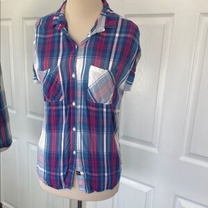 Rails Short Sleeve Plaid Button-Up Shirt in Blue and Pink